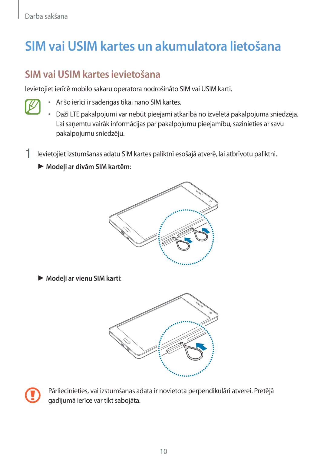 Samsung SM-A700FZWASEB manual SIM vai Usim kartes ievietošana, Modeļi ar divām SIM kartēm Modeļi ar vienu SIM karti 