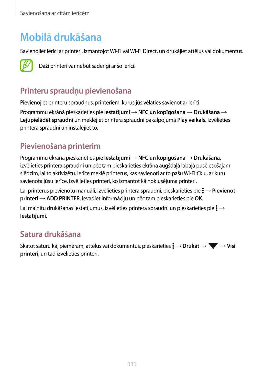 Samsung SM-A700FZKASEB manual Mobilā drukāšana, Printeru spraudņu pievienošana, Pievienošana printerim, Satura drukāšana 