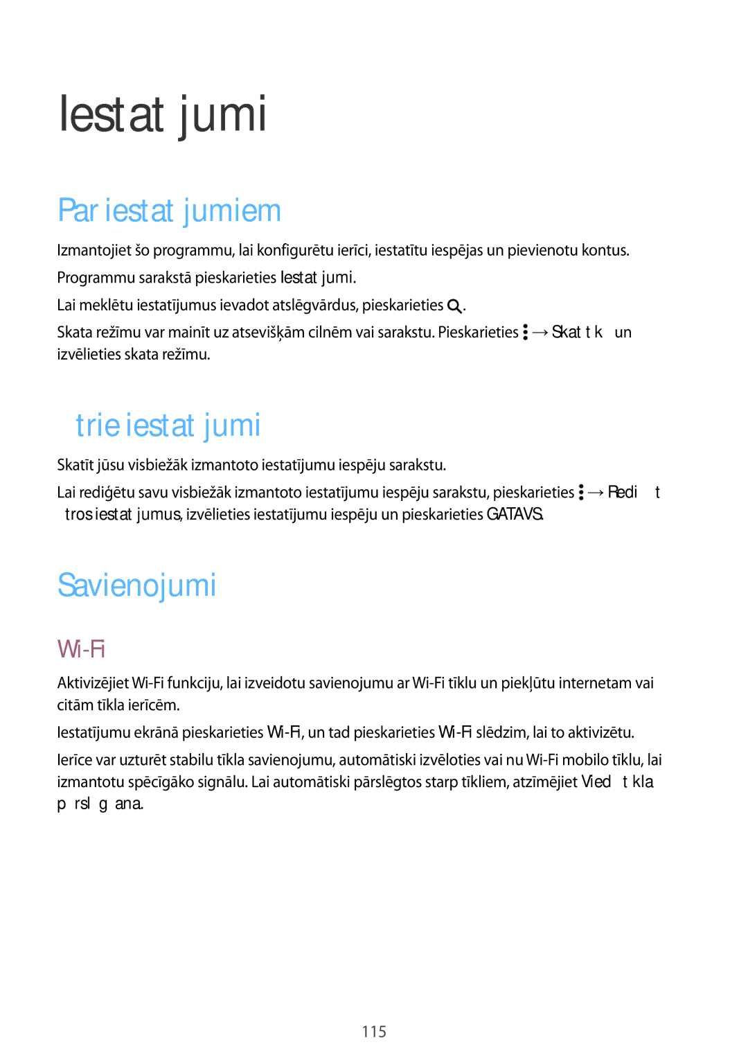 Samsung SM-A700FZKASEB, SM-A500FZDUSEB manual Iestatījumi, Par iestatījumiem, Ātrie iestatījumi, Savienojumi, Wi-Fi 