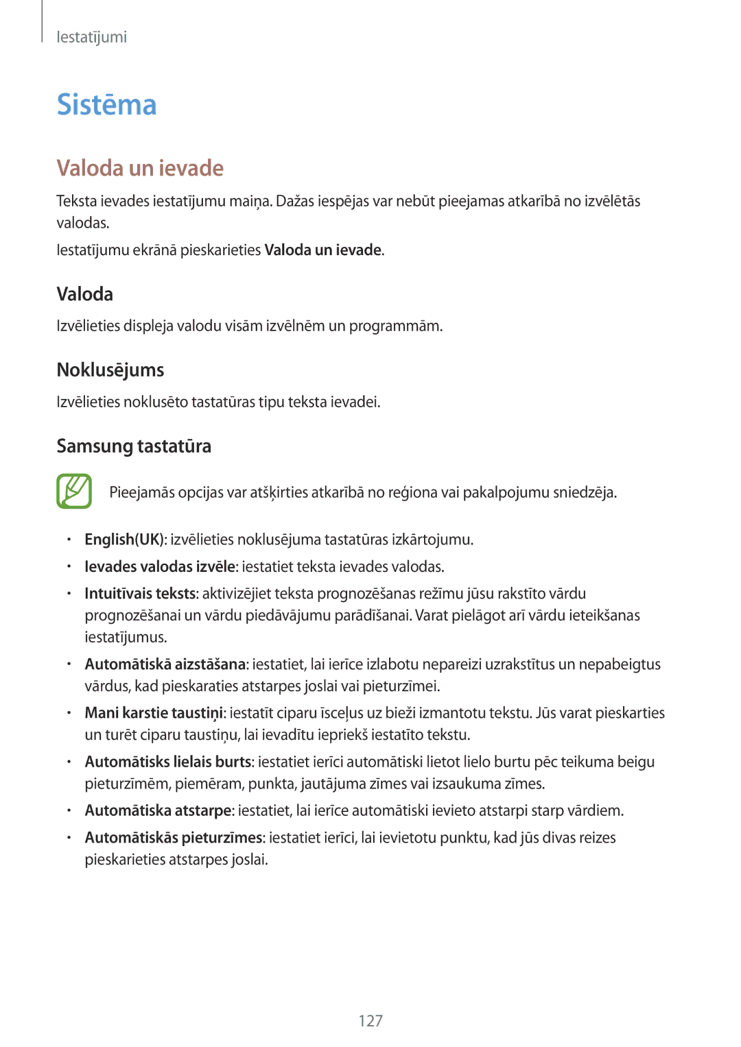 Samsung SM-A700FZKASEB, SM-A500FZDUSEB, SM-A700FZDASEB manual Sistēma, Valoda un ievade, Noklusējums, Samsung tastatūra 