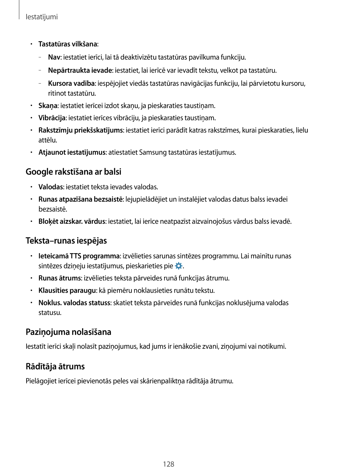 Samsung SM-A500FZDUSEB manual Google rakstīšana ar balsi, Teksta-runas iespējas, Paziņojuma nolasīšana, Rādītāja ātrums 