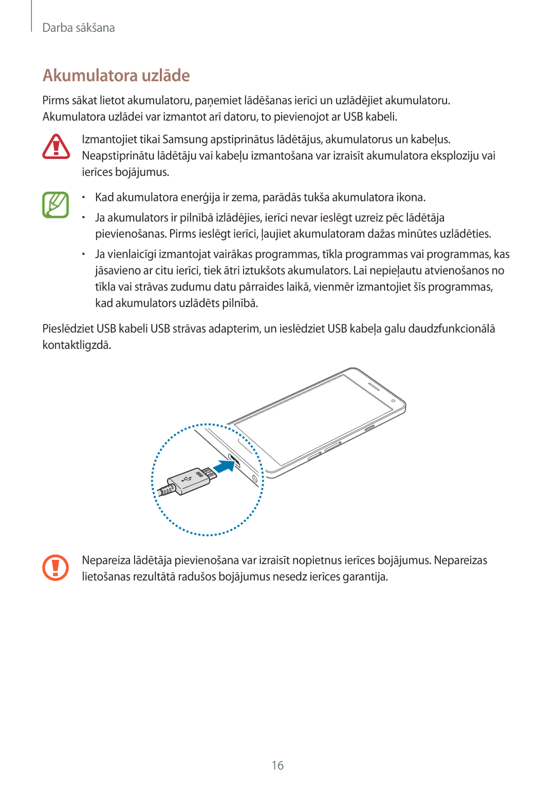 Samsung SM-A500FZDUSEB, SM-A700FZDASEB, SM-A700FZWASEB, SM-A700FZKASEB manual Akumulatora uzlāde 