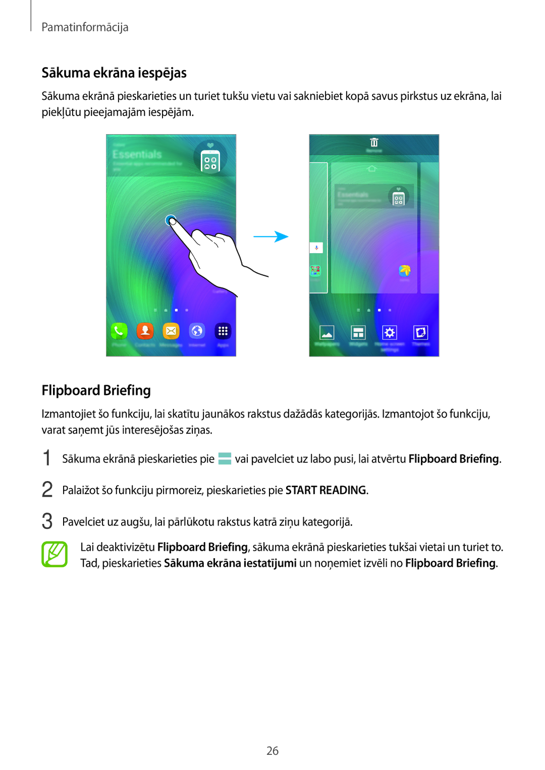 Samsung SM-A700FZWASEB, SM-A500FZDUSEB, SM-A700FZDASEB, SM-A700FZKASEB manual Sākuma ekrāna iespējas, Flipboard Briefing 