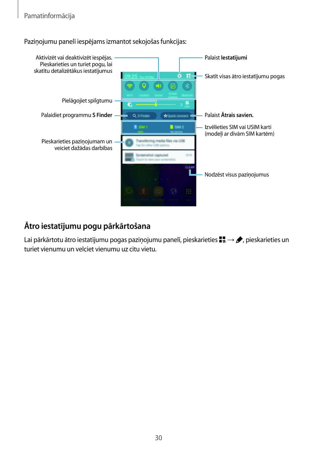 Samsung SM-A700FZWASEB manual Ātro iestatījumu pogu pārkārtošana, Paziņojumu panelī iespējams izmantot sekojošas funkcijas 