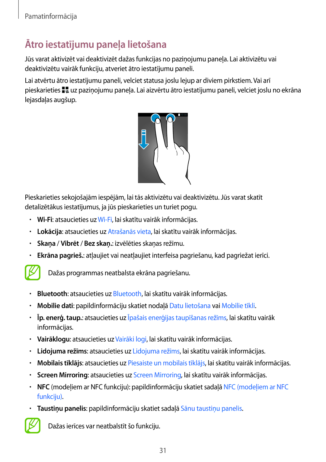 Samsung SM-A700FZKASEB, SM-A500FZDUSEB, SM-A700FZDASEB, SM-A700FZWASEB manual Ātro iestatījumu paneļa lietošana 