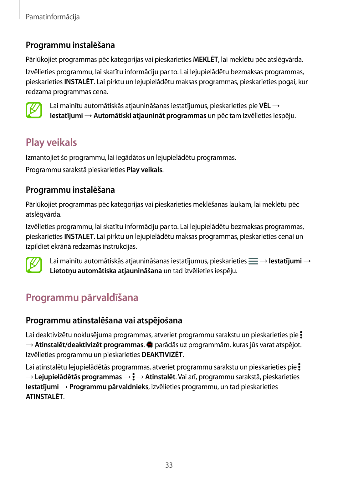 Samsung SM-A700FZDASEB, SM-A500FZDUSEB, SM-A700FZWASEB manual Play veikals, Programmu pārvaldīšana, Programmu instalēšana 