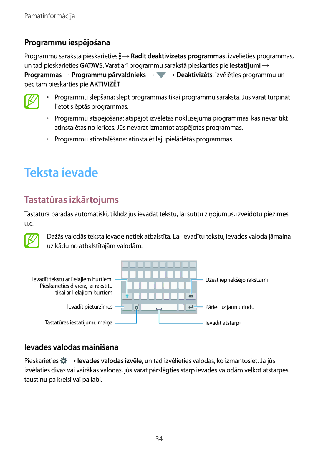 Samsung SM-A700FZWASEB manual Teksta ievade, Tastatūras izkārtojums, Programmu iespējošana, Ievades valodas mainīšana 