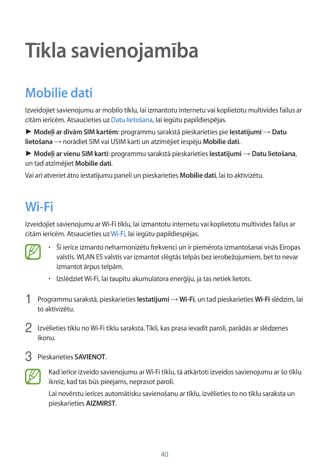 Samsung SM-A500FZDUSEB, SM-A700FZDASEB, SM-A700FZWASEB, SM-A700FZKASEB manual Tīkla savienojamība, Mobilie dati, Wi-Fi 