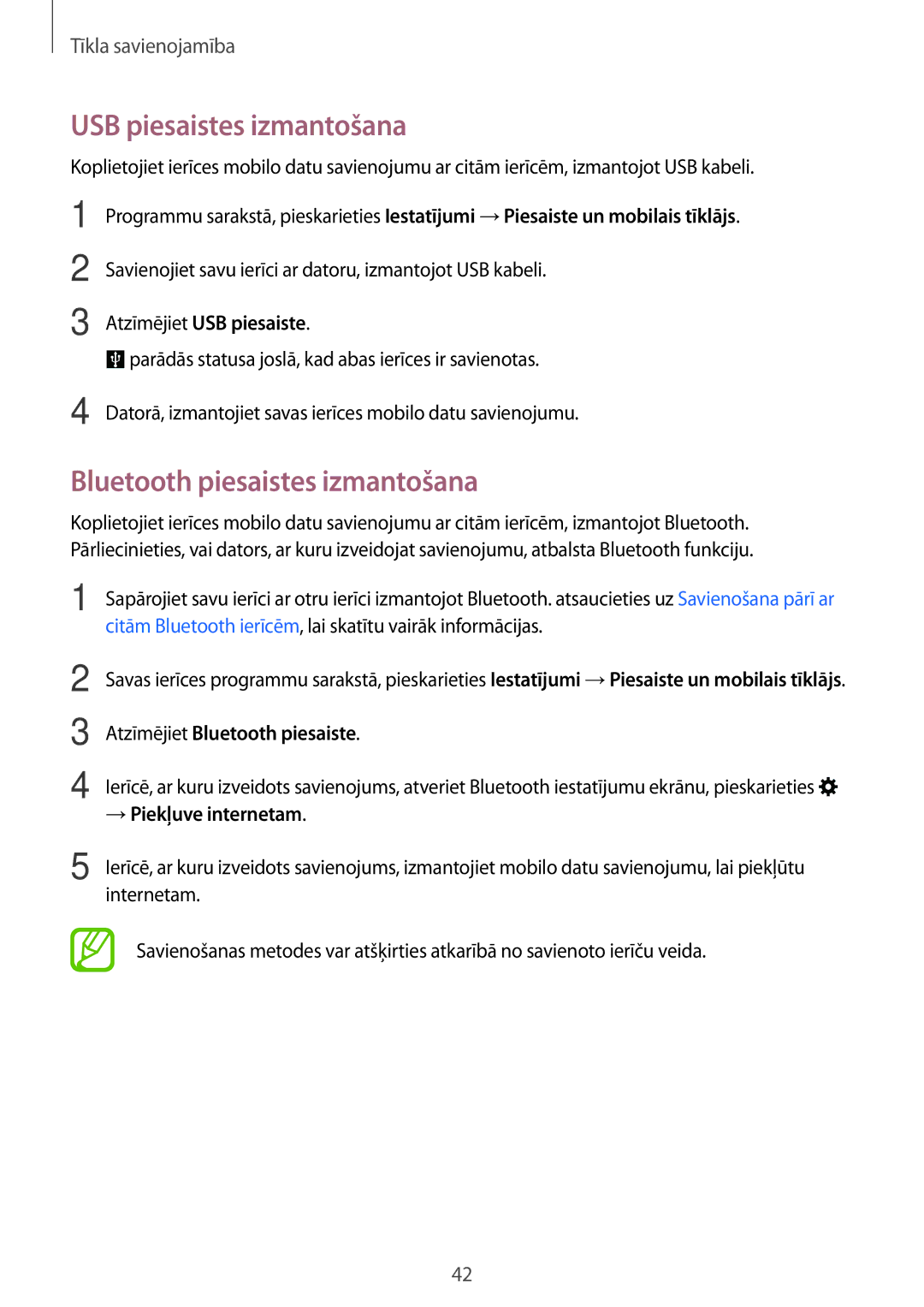 Samsung SM-A700FZWASEB manual USB piesaistes izmantošana, Bluetooth piesaistes izmantošana, Atzīmējiet USB piesaiste 