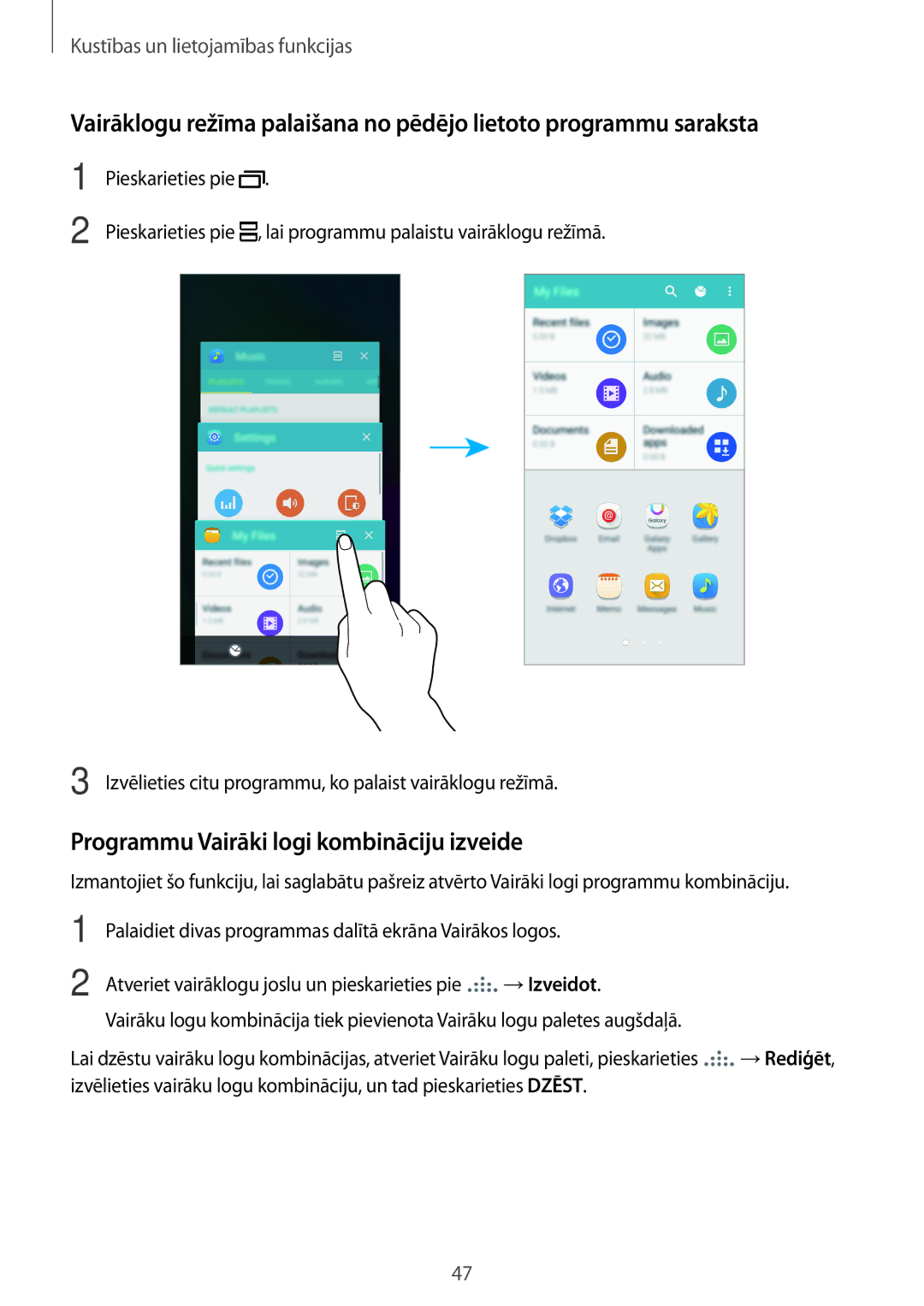 Samsung SM-A700FZKASEB, SM-A500FZDUSEB, SM-A700FZDASEB, SM-A700FZWASEB manual Programmu Vairāki logi kombināciju izveide 