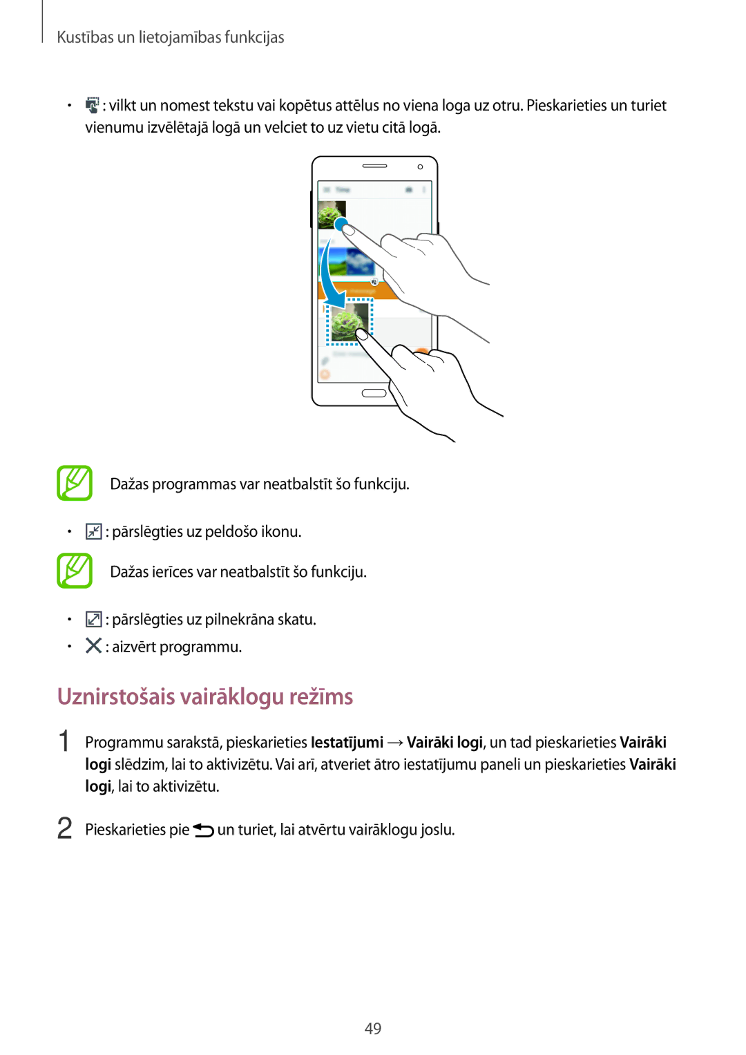 Samsung SM-A700FZDASEB, SM-A500FZDUSEB, SM-A700FZWASEB, SM-A700FZKASEB manual Uznirstošais vairāklogu režīms 