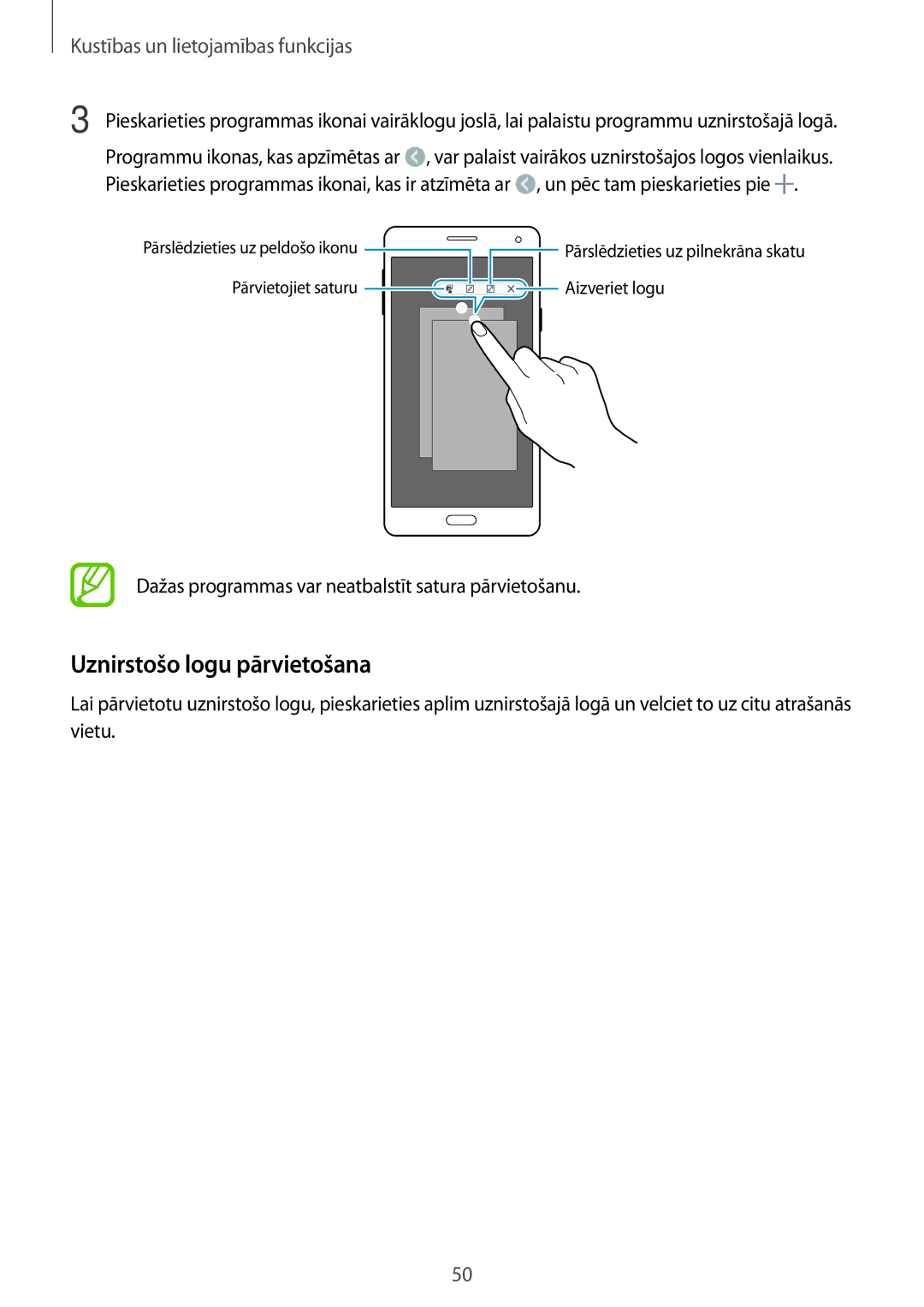 Samsung SM-A700FZWASEB, SM-A500FZDUSEB, SM-A700FZDASEB, SM-A700FZKASEB manual Uznirstošo logu pārvietošana 