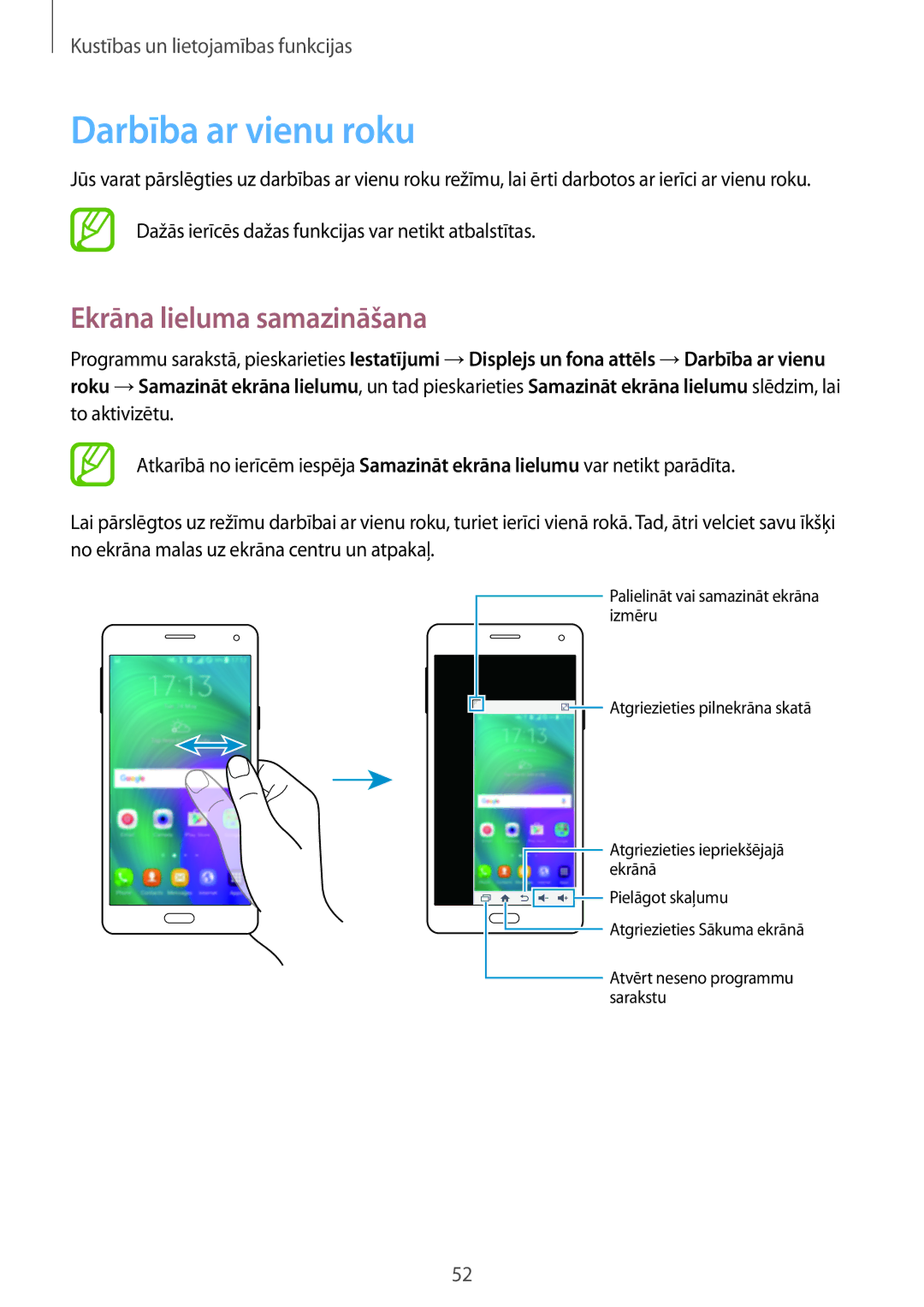 Samsung SM-A500FZDUSEB, SM-A700FZDASEB, SM-A700FZWASEB, SM-A700FZKASEB Darbība ar vienu roku, Ekrāna lieluma samazināšana 