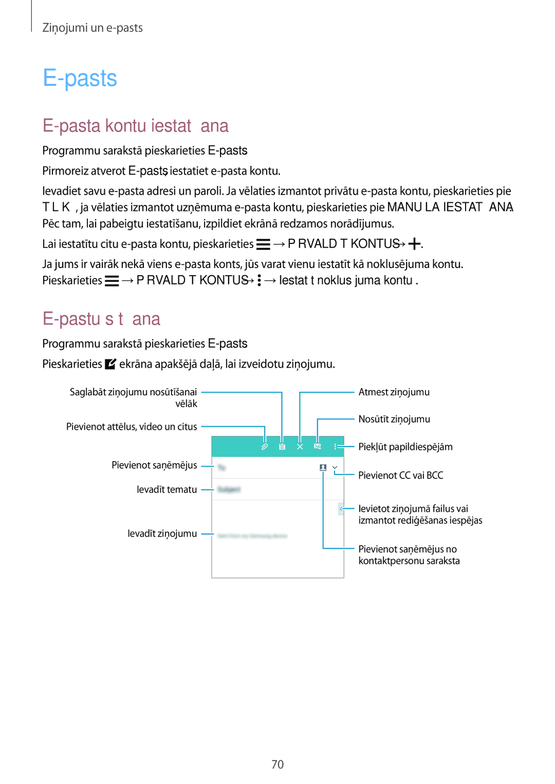 Samsung SM-A700FZWASEB, SM-A500FZDUSEB, SM-A700FZDASEB, SM-A700FZKASEB manual Pasts, Pasta kontu iestatīšana, Pastu sūtīšana 