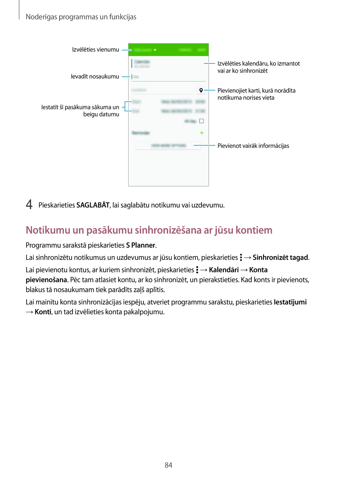 Samsung SM-A500FZDUSEB manual Notikumu un pasākumu sinhronizēšana ar jūsu kontiem, Noderīgas programmas un funkcijas 