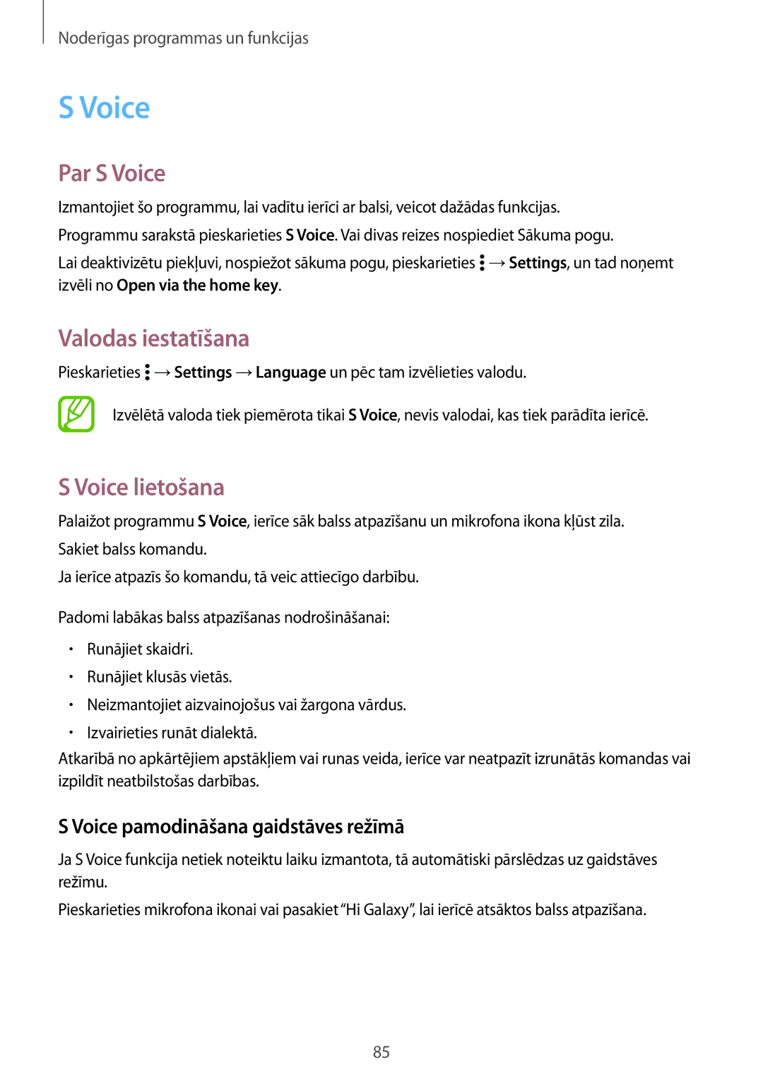 Samsung SM-A700FZDASEB manual Par S Voice, Valodas iestatīšana, Voice lietošana, Voice pamodināšana gaidstāves režīmā 