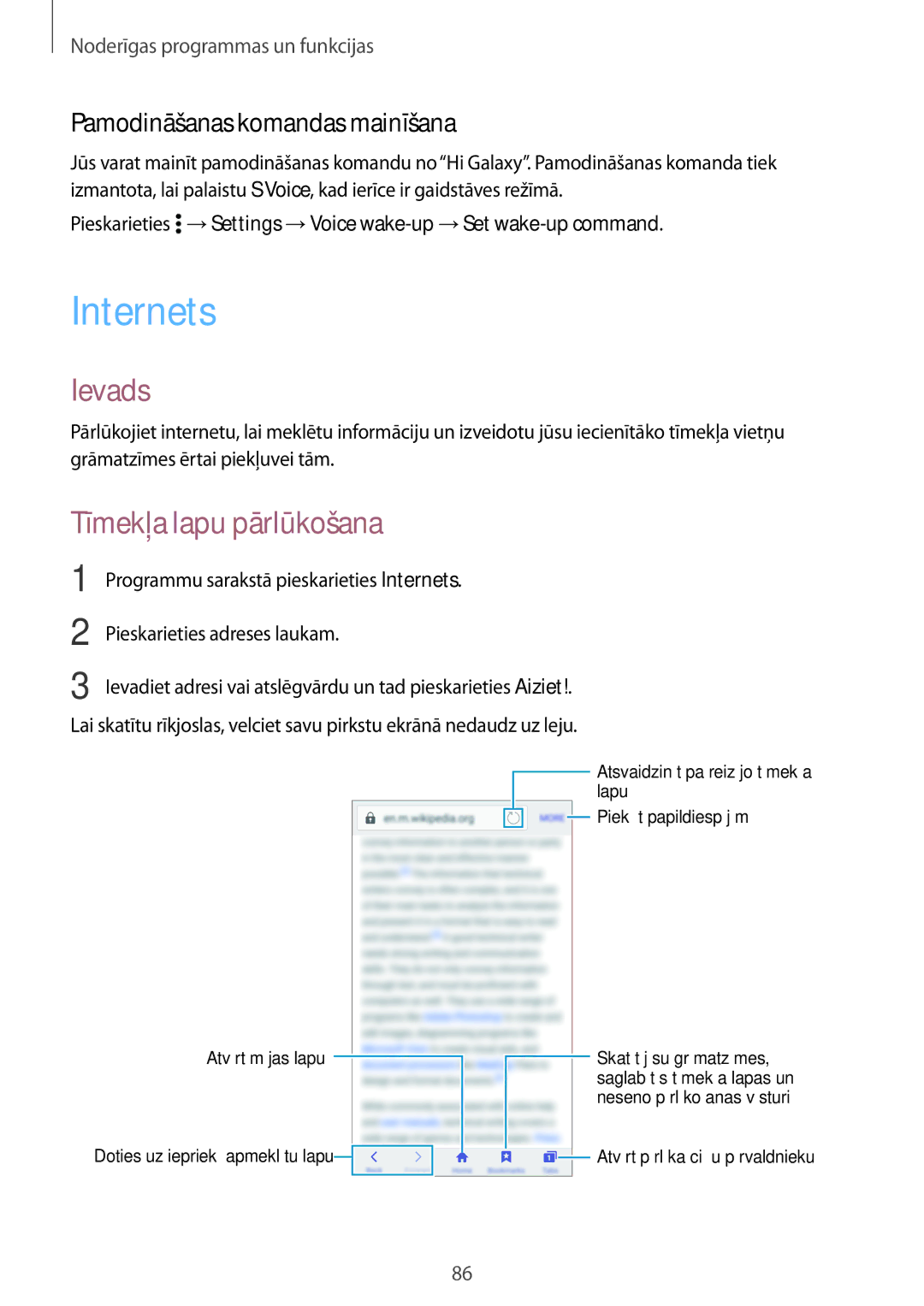 Samsung SM-A700FZWASEB, SM-A500FZDUSEB manual Internets, Ievads, Tīmekļa lapu pārlūkošana, Pamodināšanas komandas mainīšana 