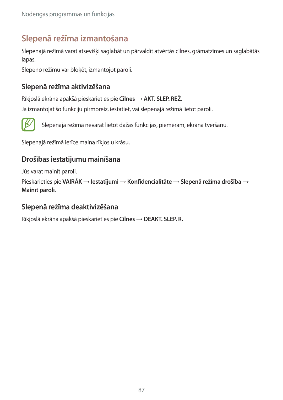 Samsung SM-A700FZKASEB manual Slepenā režīma izmantošana, Slepenā režīma aktivizēšana, Drošības iestatījumu mainīšana 