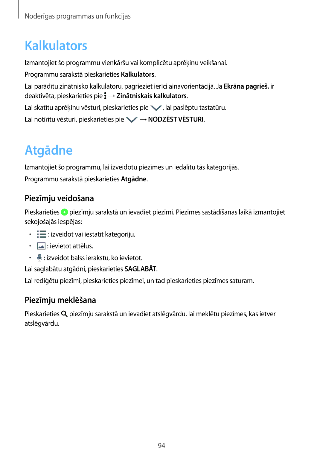 Samsung SM-A700FZWASEB, SM-A500FZDUSEB, SM-A700FZDASEB manual Kalkulators, Atgādne, Piezīmju veidošana, Piezīmju meklēšana 