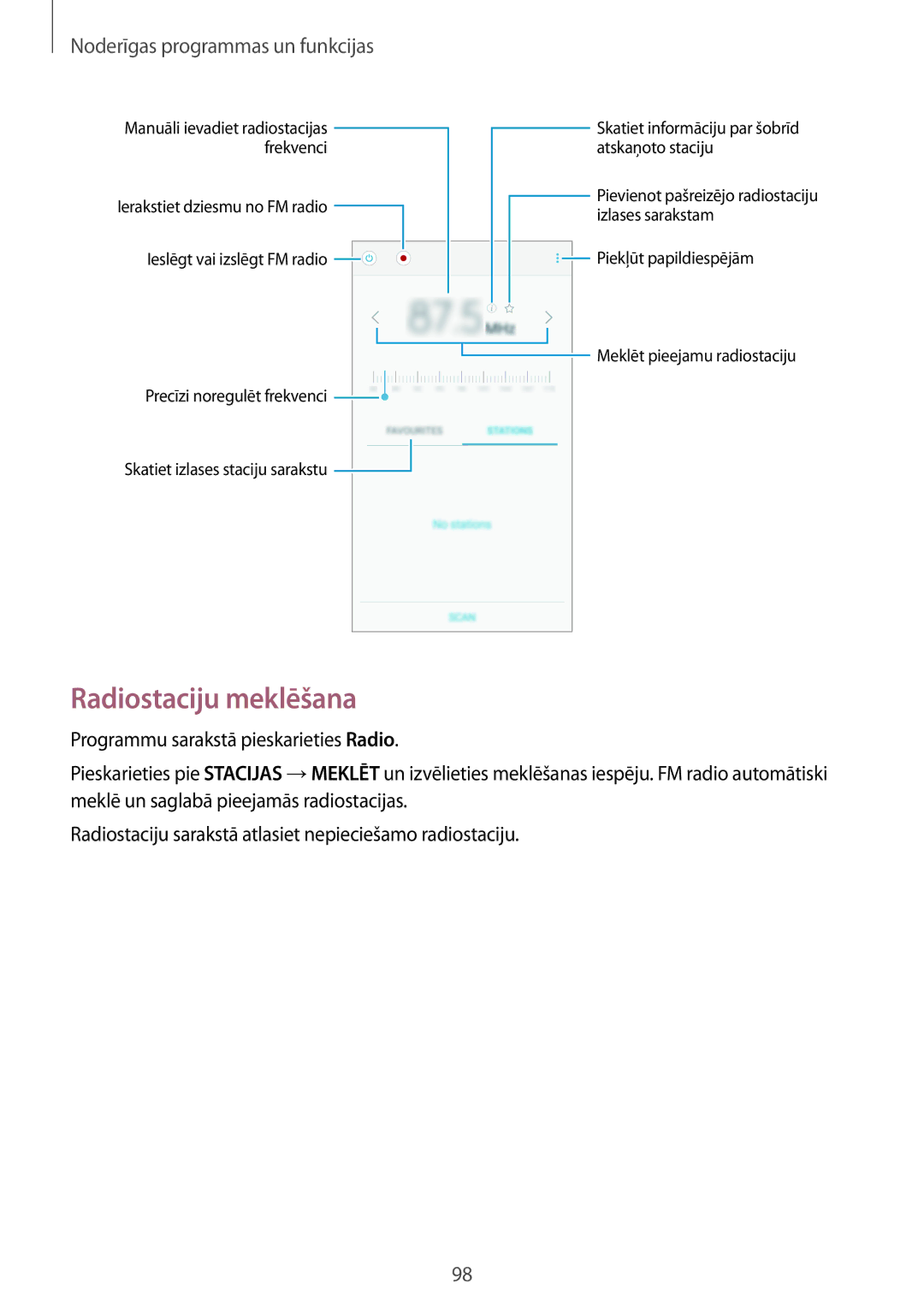 Samsung SM-A700FZWASEB, SM-A500FZDUSEB, SM-A700FZDASEB, SM-A700FZKASEB manual Radiostaciju meklēšana 