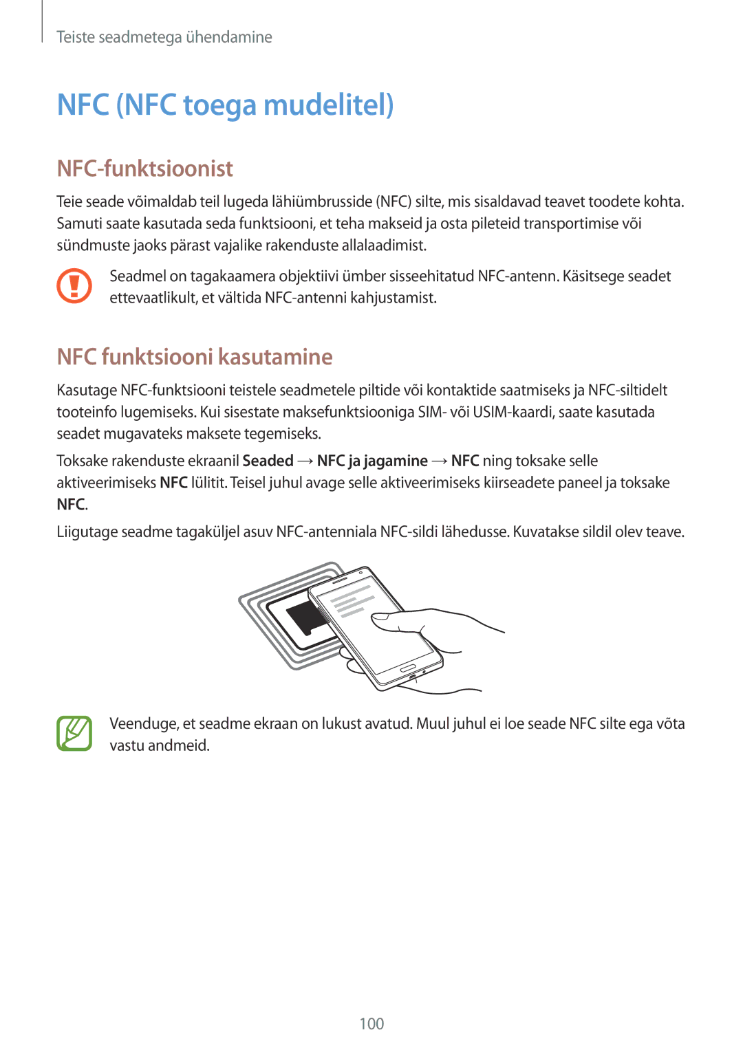 Samsung SM-A500FZDUSEB manual NFC NFC toega mudelitel, NFC-funktsioonist, NFC funktsiooni kasutamine 