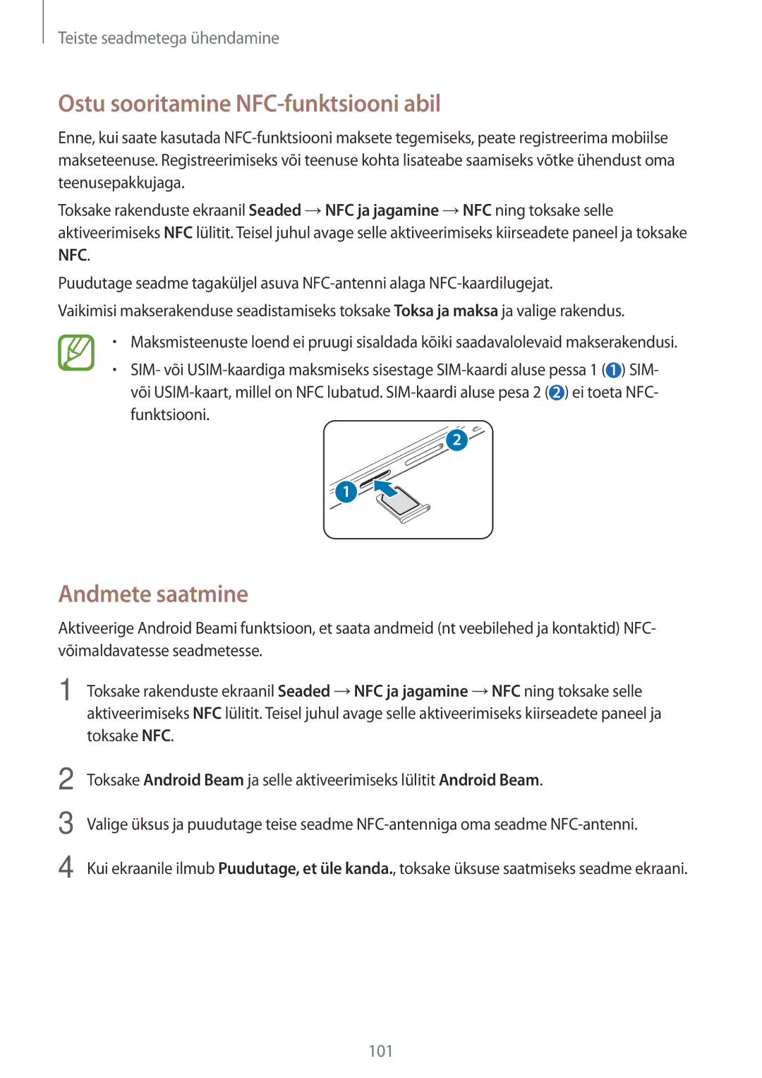 Samsung SM-A500FZDUSEB manual Ostu sooritamine NFC-funktsiooni abil, Andmete saatmine 