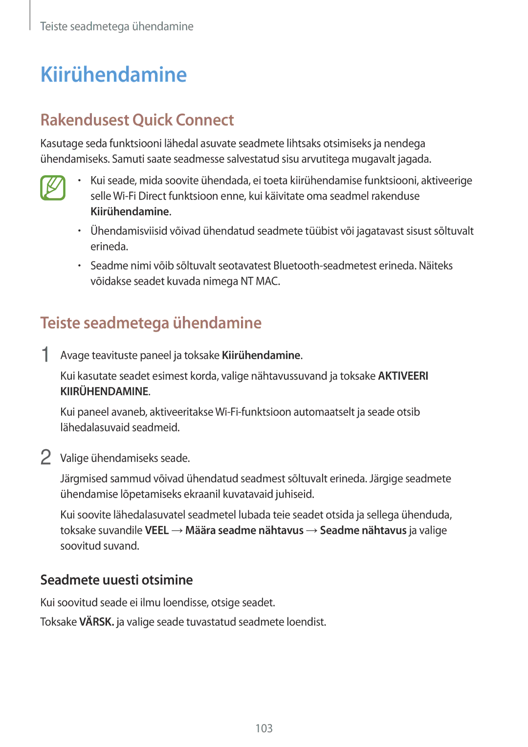 Samsung SM-A500FZDUSEB manual Kiirühendamine, Rakendusest Quick Connect, Seadmete uuesti otsimine 