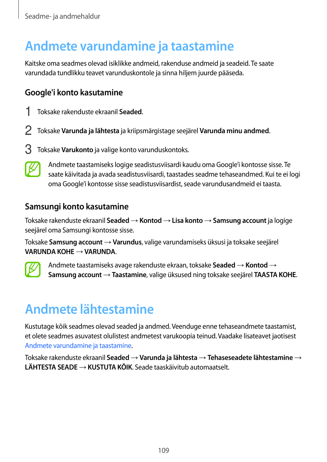 Samsung SM-A500FZDUSEB manual Andmete varundamine ja taastamine, Andmete lähtestamine, Googlei konto kasutamine 