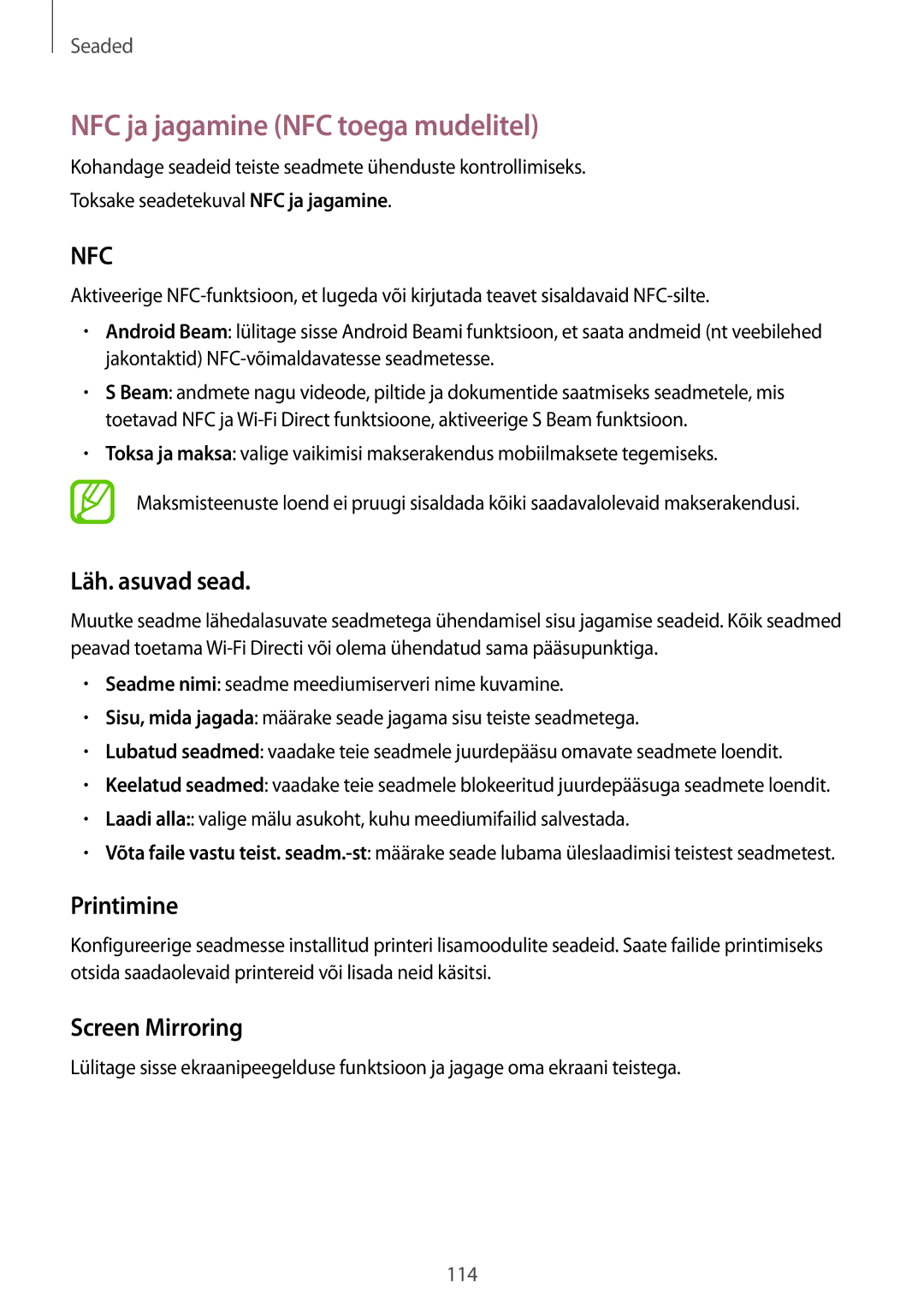 Samsung SM-A500FZDUSEB manual NFC ja jagamine NFC toega mudelitel, Läh. asuvad sead, Printimine, Screen Mirroring 