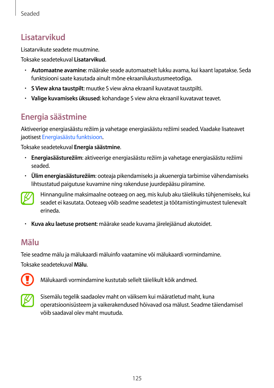 Samsung SM-A500FZDUSEB manual Lisatarvikud, Energia säästmine, Mälu 