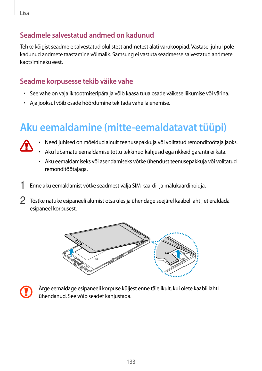 Samsung SM-A500FZDUSEB manual Aku eemaldamine mitte-eemaldatavat tüüpi 