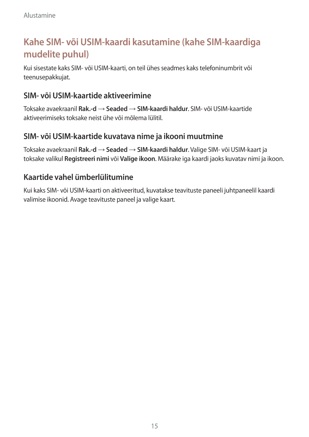 Samsung SM-A500FZDUSEB manual SIM- või USIM-kaartide aktiveerimine, SIM- või USIM-kaartide kuvatava nime ja ikooni muutmine 