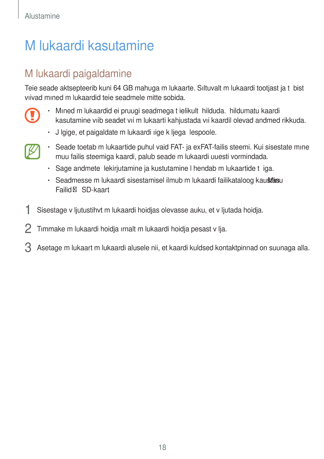 Samsung SM-A500FZDUSEB manual Mälukaardi kasutamine, Mälukaardi paigaldamine 