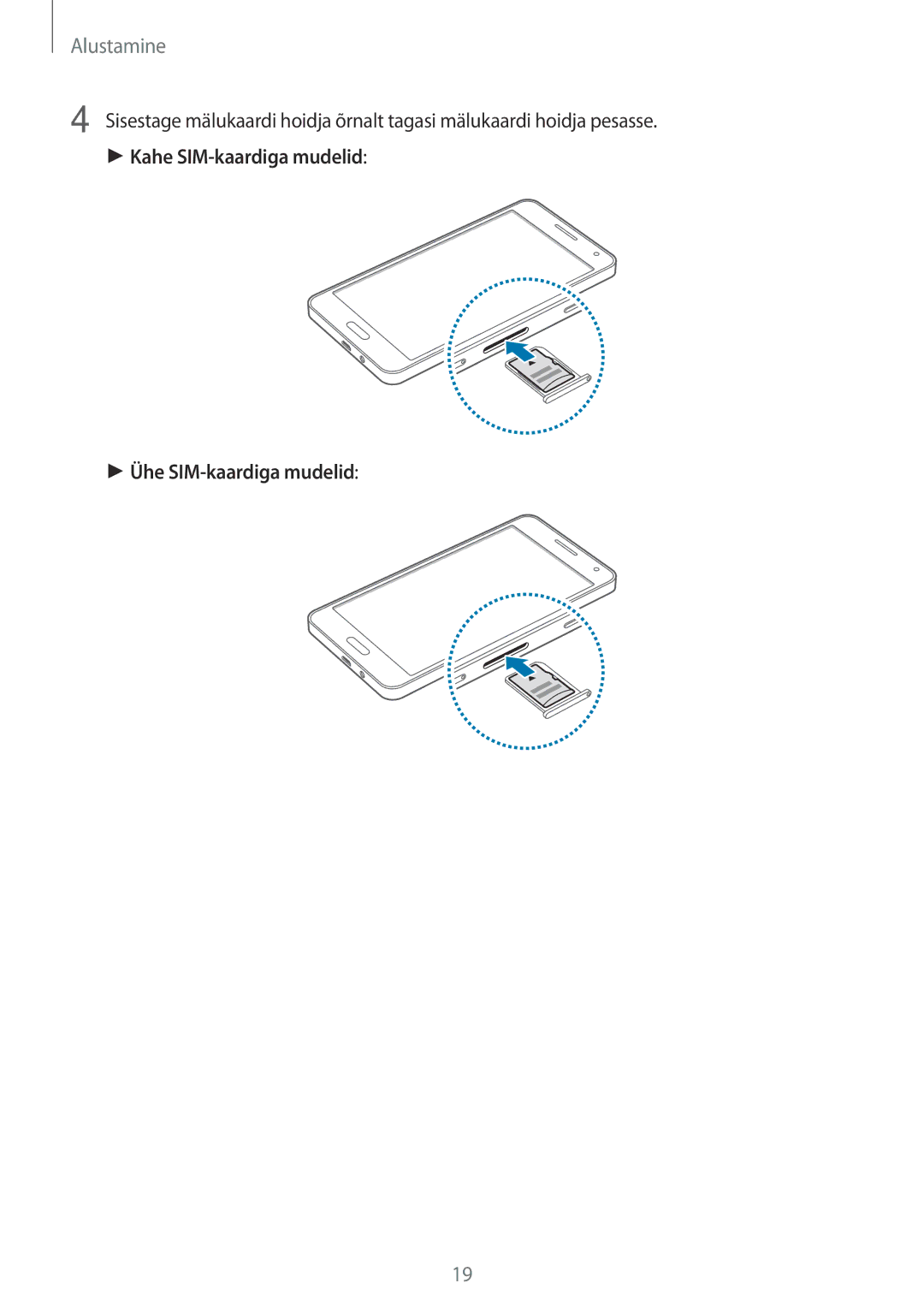 Samsung SM-A500FZDUSEB manual Kahe SIM-kaardiga mudelid Ühe SIM-kaardiga mudelid 