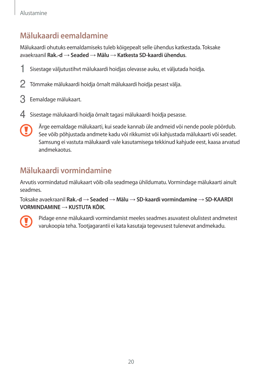 Samsung SM-A500FZDUSEB manual Mälukaardi eemaldamine, Mälukaardi vormindamine 