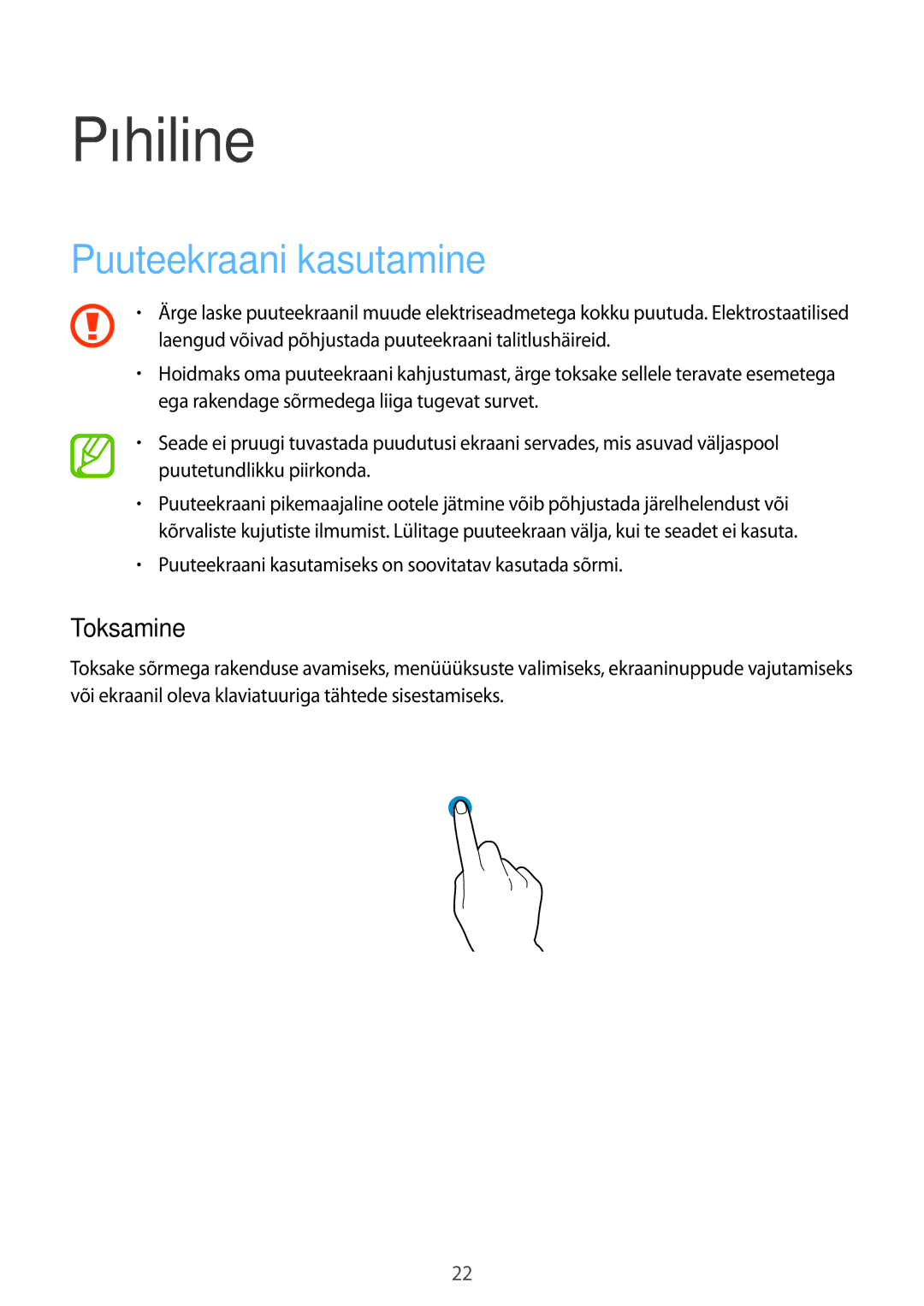 Samsung SM-A500FZDUSEB manual Põhiline, Puuteekraani kasutamine, Toksamine 