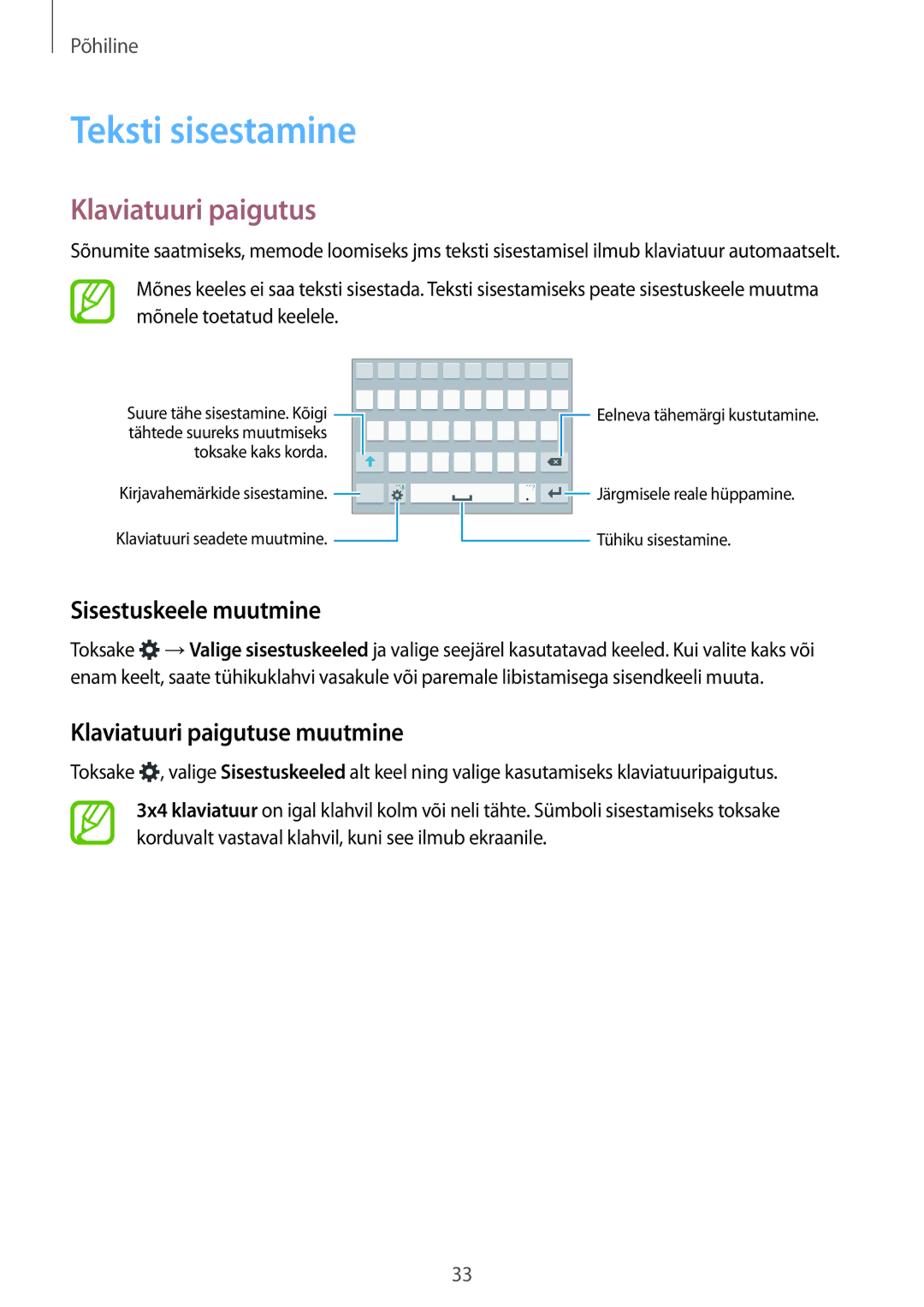 Samsung SM-A500FZDUSEB manual Teksti sisestamine, Sisestuskeele muutmine, Klaviatuuri paigutuse muutmine 