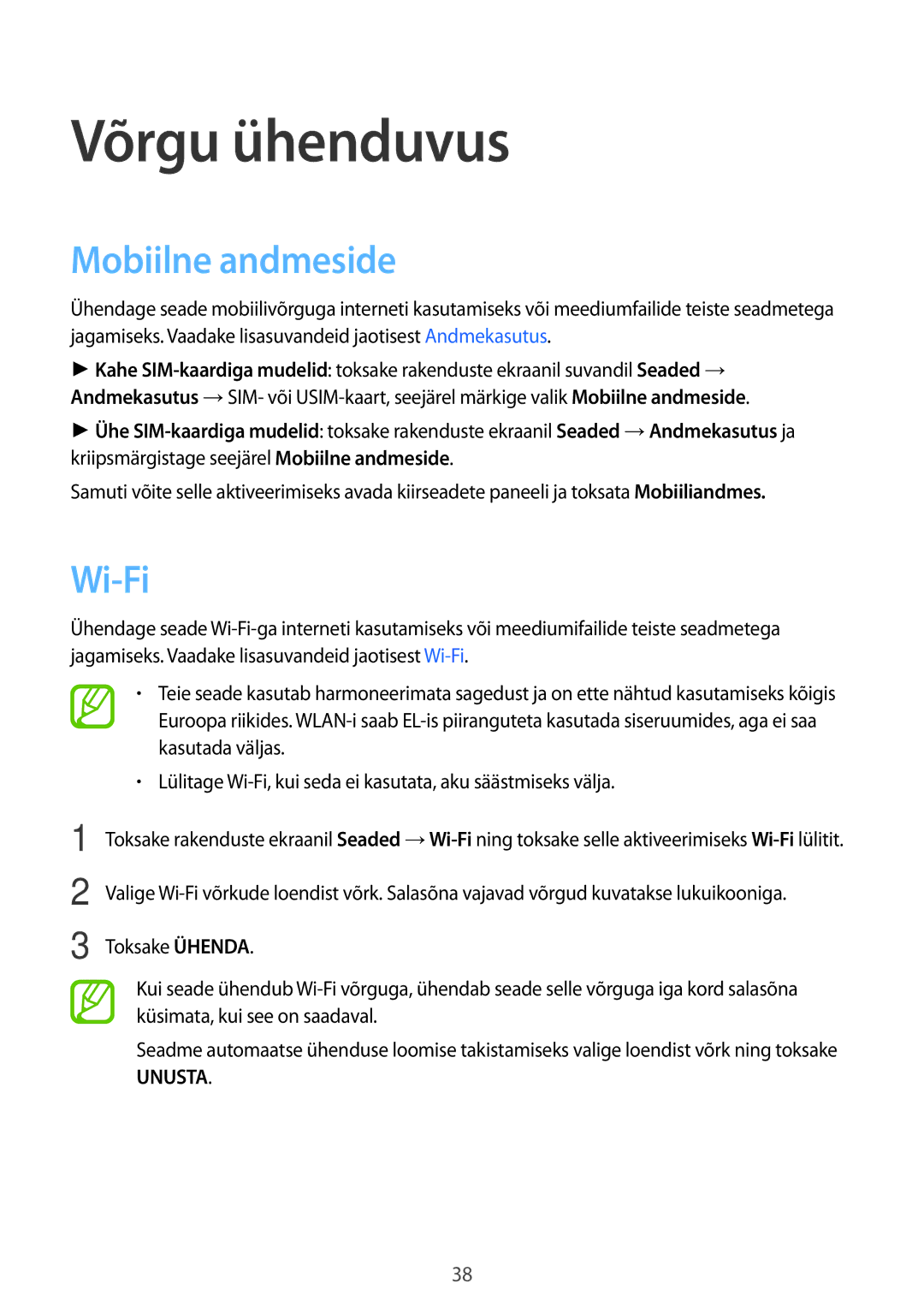 Samsung SM-A500FZDUSEB manual Võrgu ühenduvus, Mobiilne andmeside, Wi-Fi 