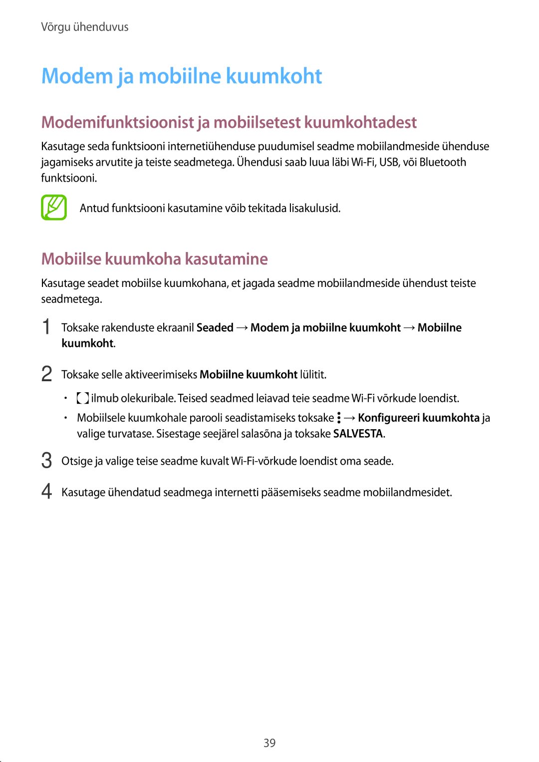 Samsung SM-A500FZDUSEB manual Modem ja mobiilne kuumkoht, Modemifunktsioonist ja mobiilsetest kuumkohtadest 