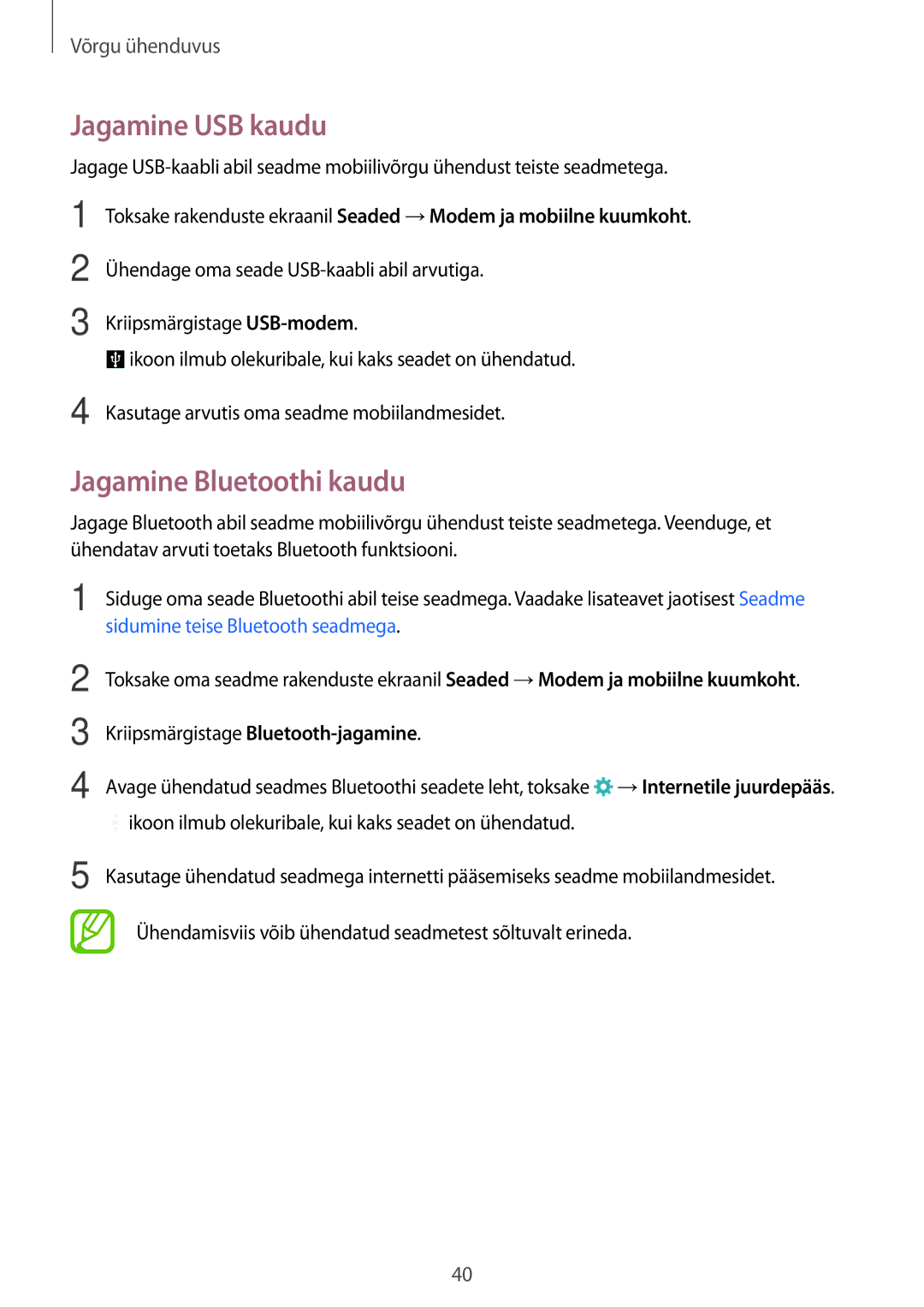 Samsung SM-A500FZDUSEB manual Jagamine USB kaudu, Jagamine Bluetoothi kaudu 