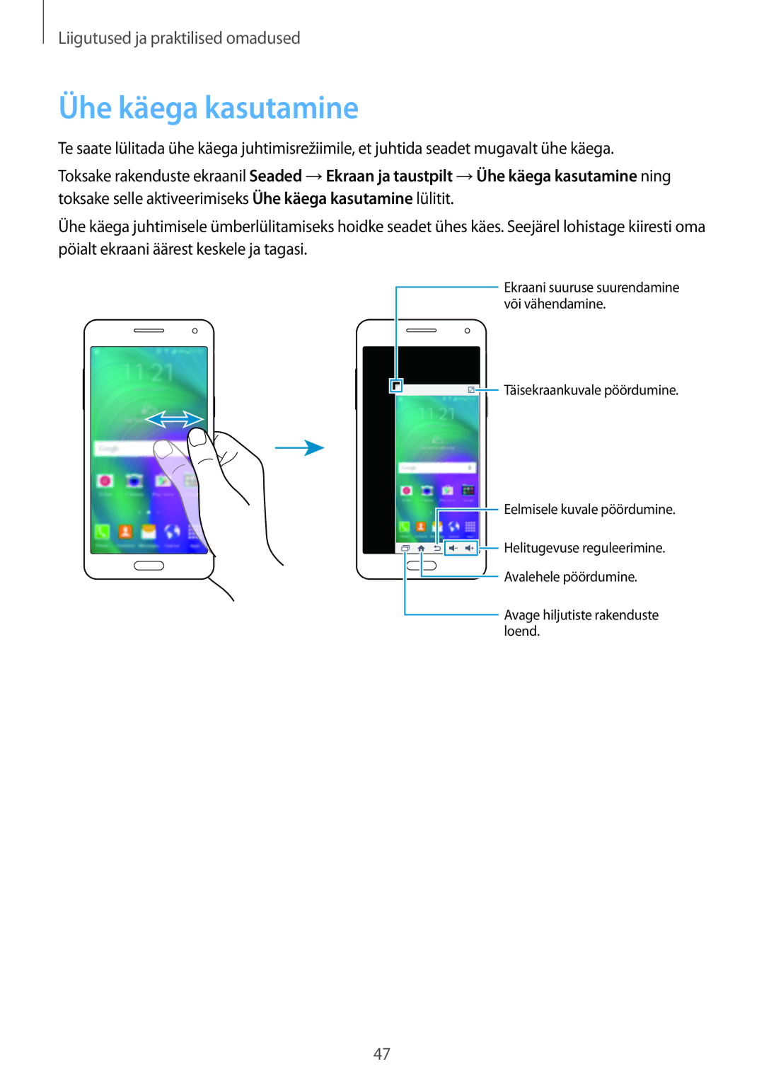 Samsung SM-A500FZDUSEB manual Ühe käega kasutamine 