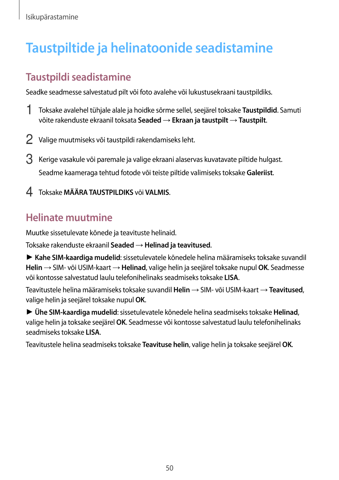 Samsung SM-A500FZDUSEB manual Taustpiltide ja helinatoonide seadistamine, Taustpildi seadistamine, Helinate muutmine 