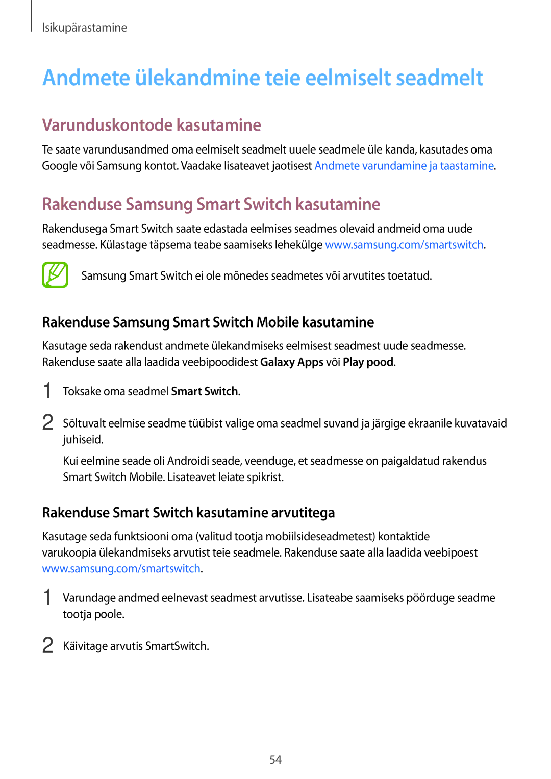 Samsung SM-A500FZDUSEB manual Varunduskontode kasutamine, Rakenduse Samsung Smart Switch kasutamine 