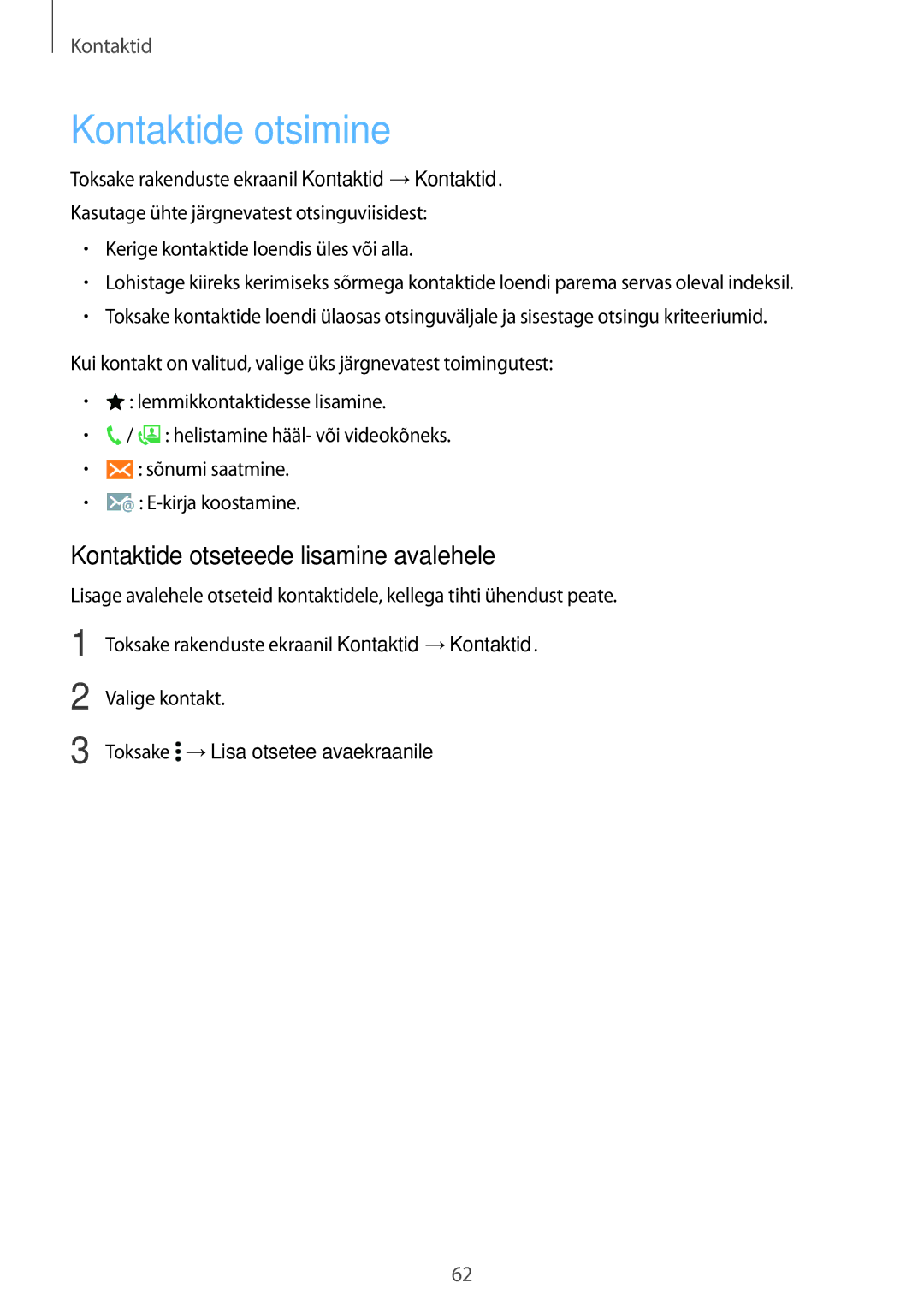 Samsung SM-A500FZDUSEB manual Kontaktide otsimine, Kontaktide otseteede lisamine avalehele, Valige kontakt 