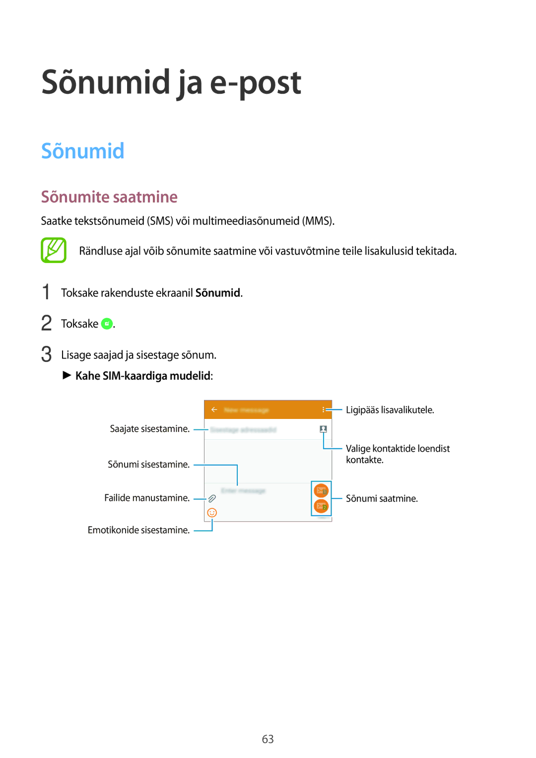 Samsung SM-A500FZDUSEB manual Sõnumid ja e-post, Sõnumite saatmine, Toksake, Kahe SIM-kaardiga mudelid 