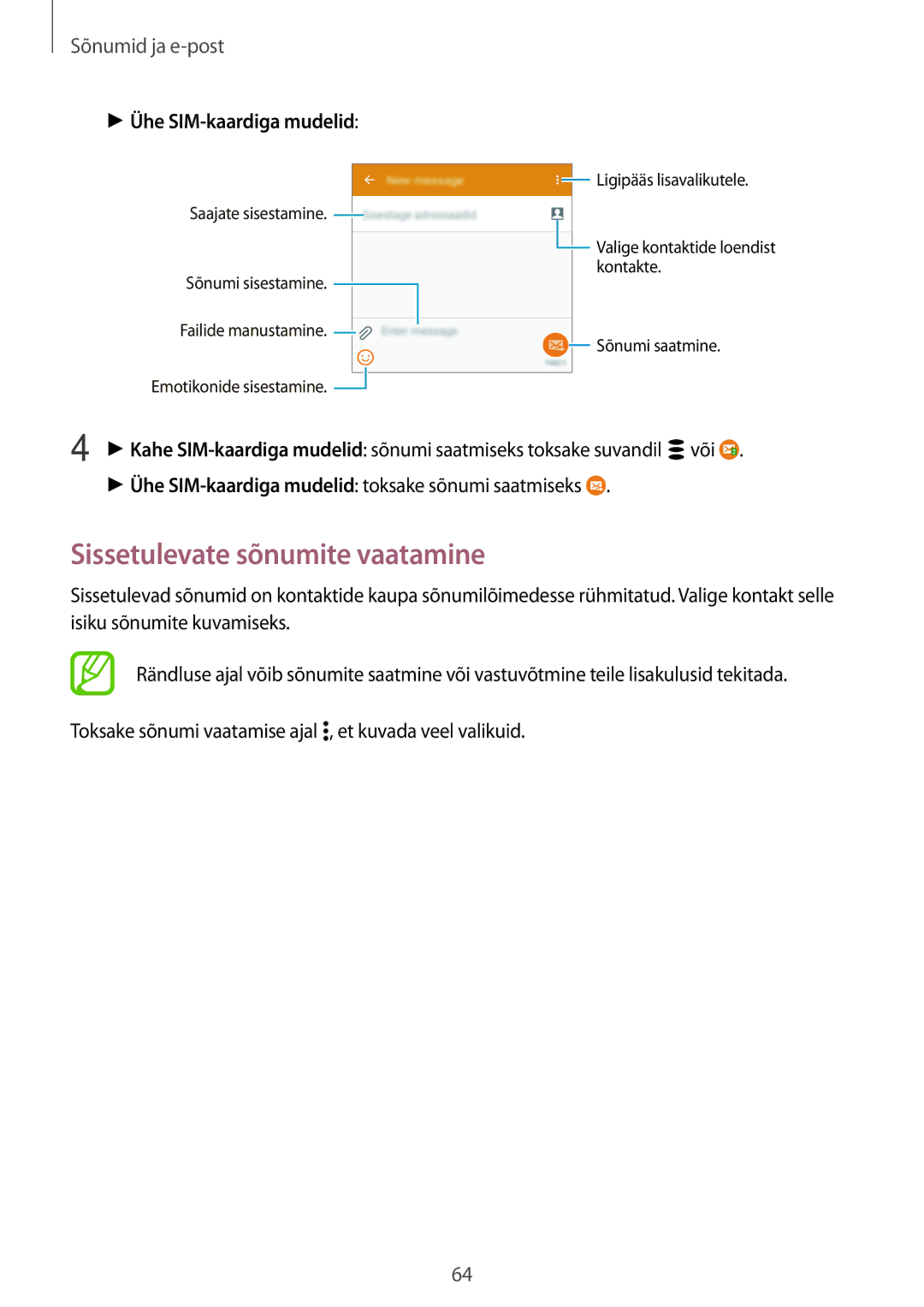 Samsung SM-A500FZDUSEB manual Sissetulevate sõnumite vaatamine, Sõnumid ja e-post 