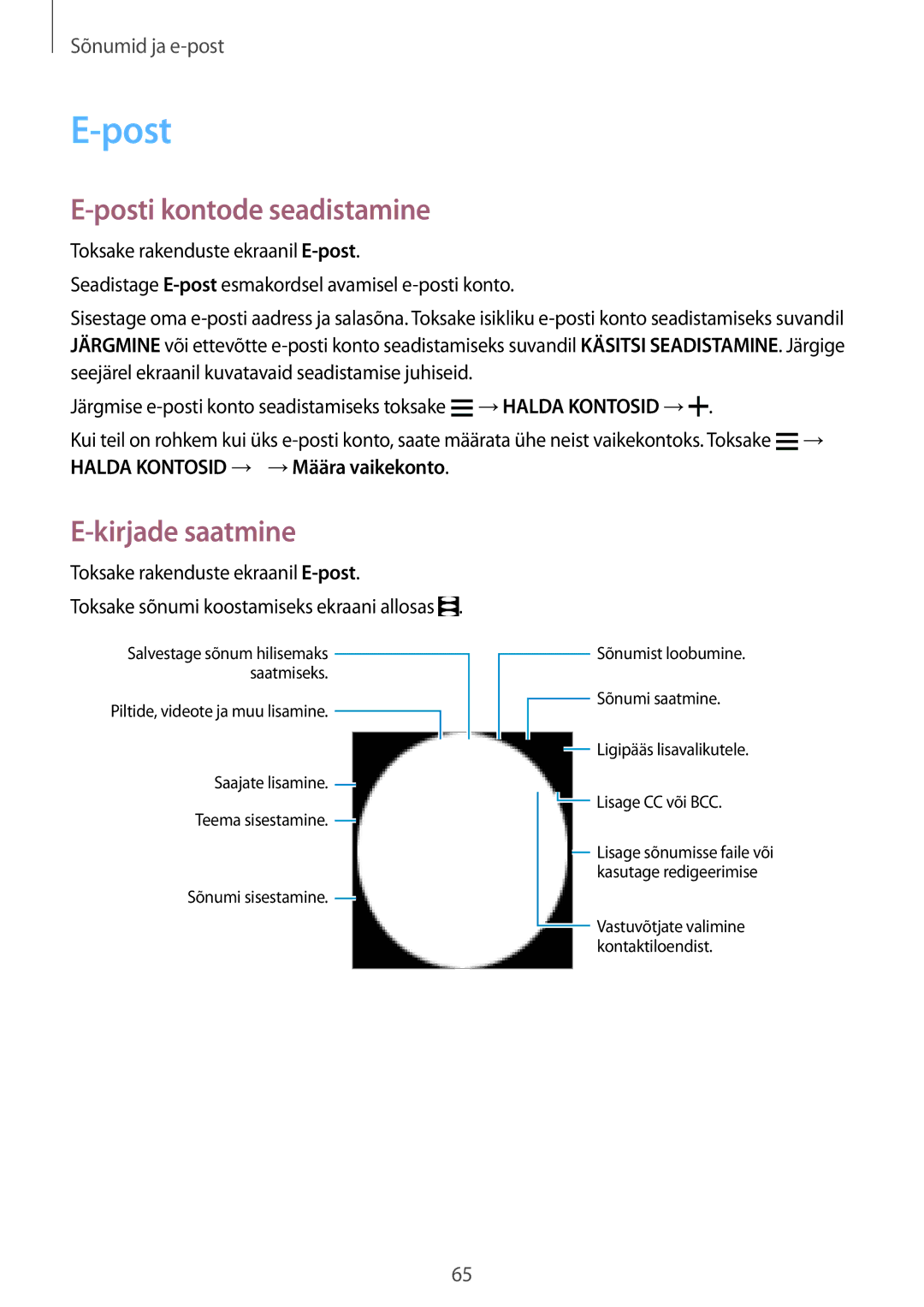 Samsung SM-A500FZDUSEB manual Posti kontode seadistamine, Kirjade saatmine, Toksake rakenduste ekraanil E-post 