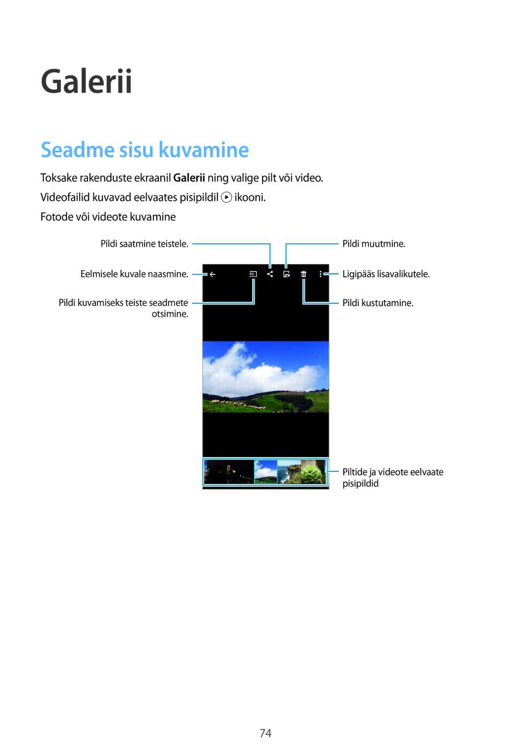 Samsung SM-A500FZDUSEB manual Galerii, Seadme sisu kuvamine, Fotode või videote kuvamine 