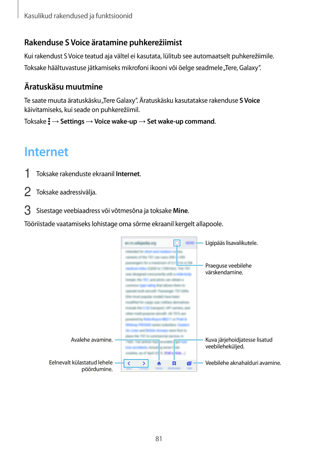 Samsung SM-A500FZDUSEB manual Internet, Rakenduse S Voice äratamine puhkerežiimist, Äratuskäsu muutmine 