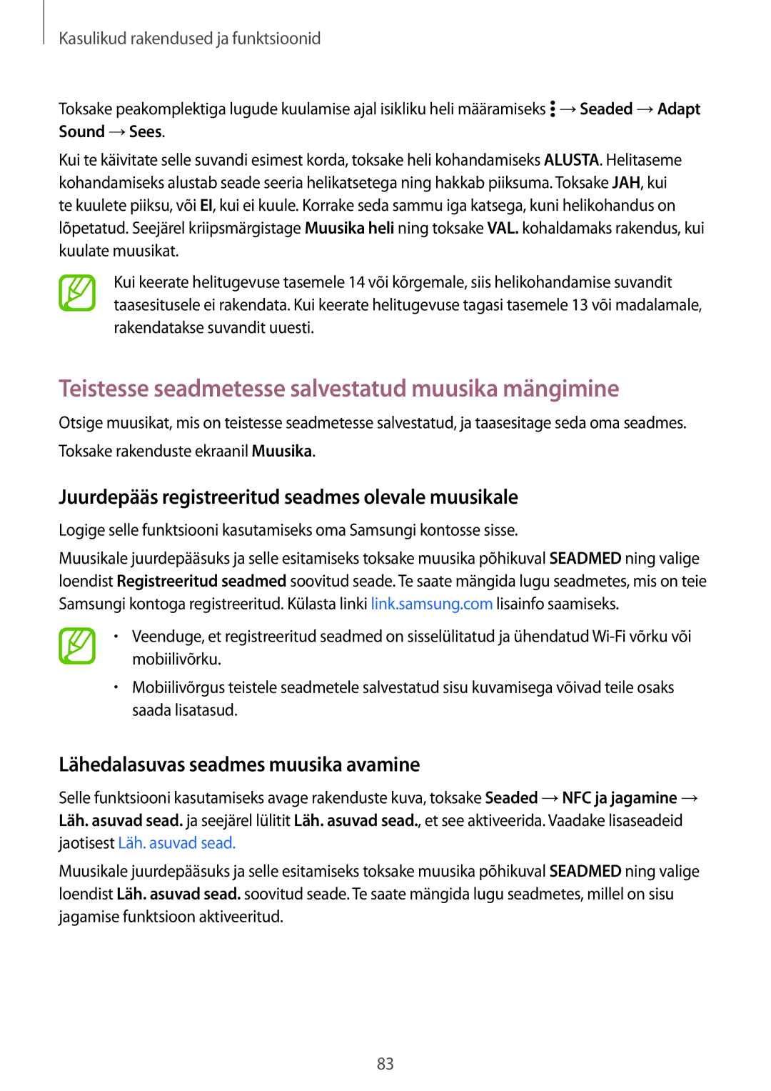 Samsung SM-A500FZDUSEB manual Teistesse seadmetesse salvestatud muusika mängimine, Lähedalasuvas seadmes muusika avamine 